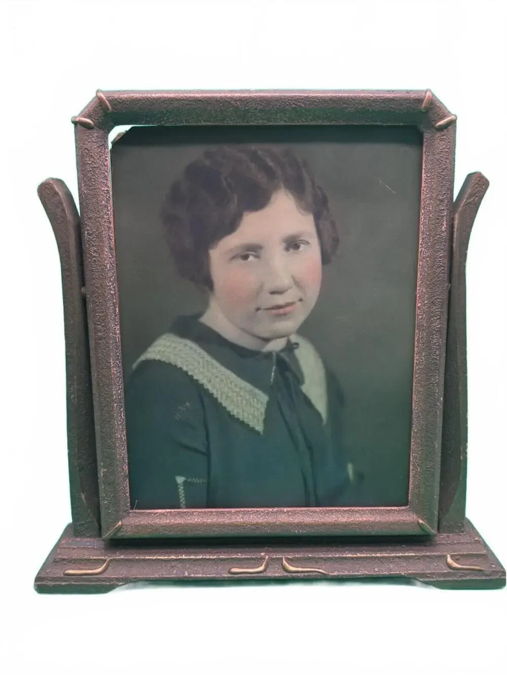 Vintage Antique Picture Frame with Hand-Colored Portrait, Pre-1950s, Good Estate